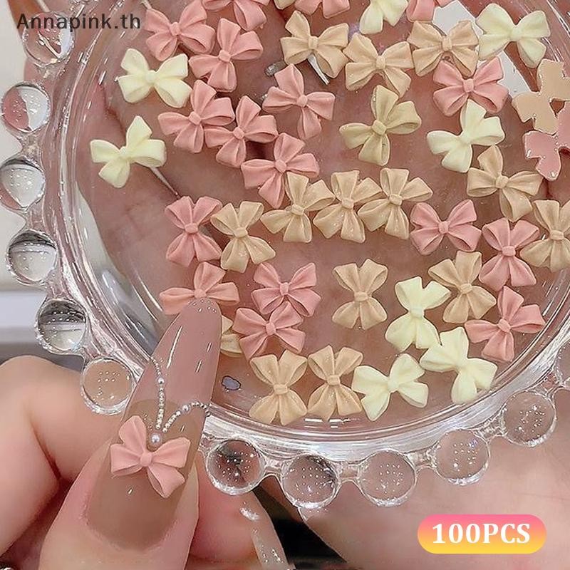 Annapink.th 100 Chiếc Mix Cream Style Bowknot Nail Ch 3D Aurora Bow Flat-back Gem Phần Móng Tay Nghệ