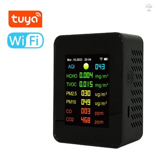 Máy đo chất lượng không khí di động Tuya Wifi 7in1 PM2.5 PM10 Carbon Oxide CO2 TVOC HCHO AQI Máy kiểm tra màn hình màu TFT Máy dò Carbon Dioxide với chức năng hiển thị thời gian và ngày
