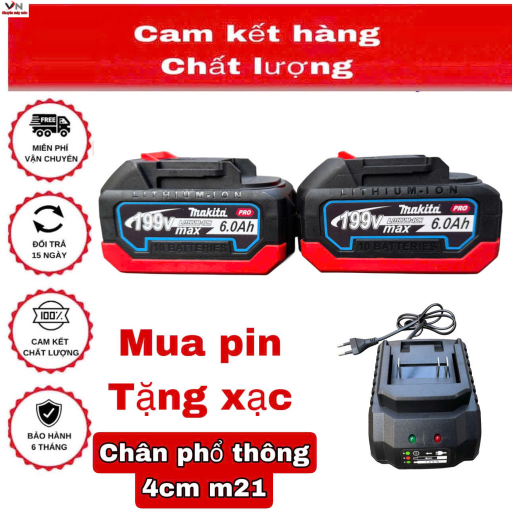 Pin 199V MAKITA dung lượng 6AH, Chân pin phổ thông, Pin máy khoan, máy mài, VN Máy móc