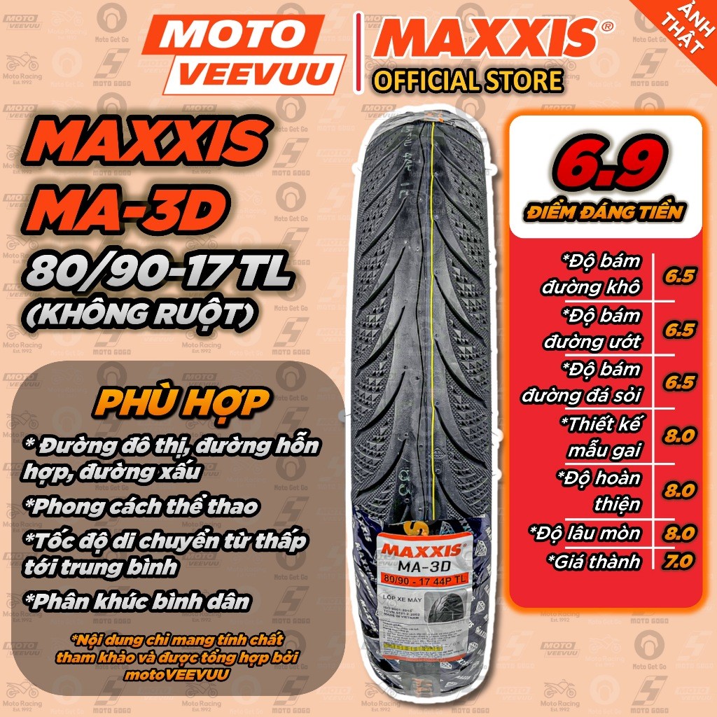 [MTVV] Vỏ lốp xe máy MAXXIS MA-3D Gai kim cương 80/90-17-17 TL Diamond 80 90 17<END>