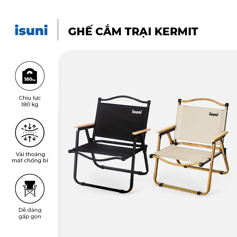 Ghế Dã Ngoại Gấp Gọn Isuni Camping Ngoài Trời Kermit Ghế Câu Cá Khung Nhôm Tay Cầm Gỗ Cao Cấp