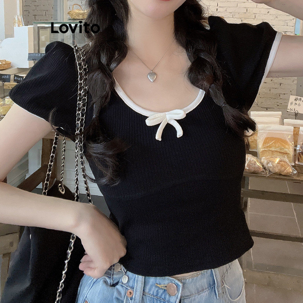 Áo thun Lovito chắp vá phối viền tương phản phối nơ phía trước phong cách thường ngày dành cho nữ LNE56124