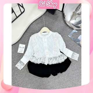 Set bộ bé gái CS679, Set áo len phối ren trắng quần nhung bồng cho bé