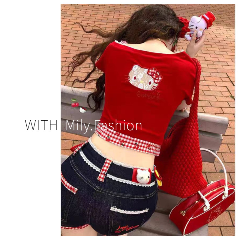 Milyfashion Hot Girl Desire Tinh Khiết Nơ Đeo Vai Bất Đối Xứng Kẻ Sọc Kết Hợp Lỗ Rỗng Áo Ngắn Tay Mù