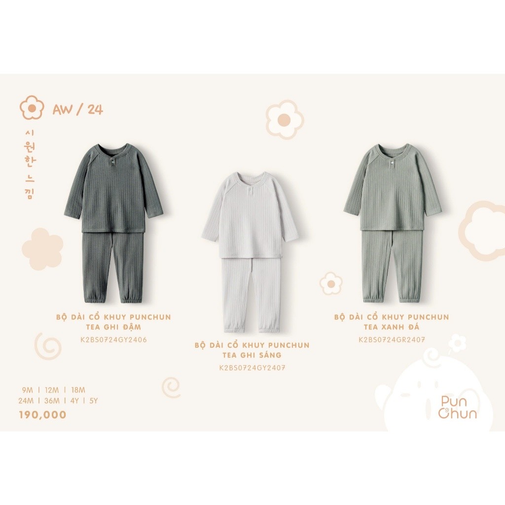 Punchun AW2024 Bộ dài cổ khuy Punchun cho bé