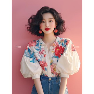 Áo Sơ Mi Cổ Điển Nữ Thời Trang Rời Tay Phồng Áo Phong Cách Hàn Quốc Mùa Hè Hoa Top
