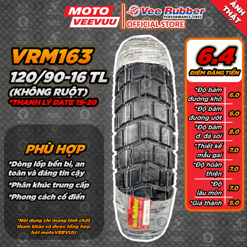 [MTVV] THANH LÝ GIÁ SỐC Lốp vỏ xe máy VEE RUBBER 120/90-16 TL VRM163 (Lốp không ruột VeeRubber)<END>