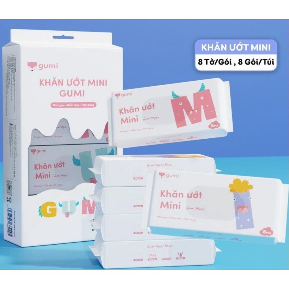 Sét Túi 8 gói Khăn giấy ướt Gumi Mini không mùi không PARABENS, an toàn tuyệt đối cho da