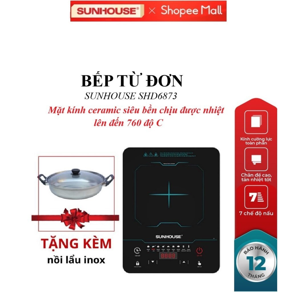 BẾP TỪ ĐƠN SUNHOUSE SHD6873_Tặng Kèm Nồi Lẩu Inox