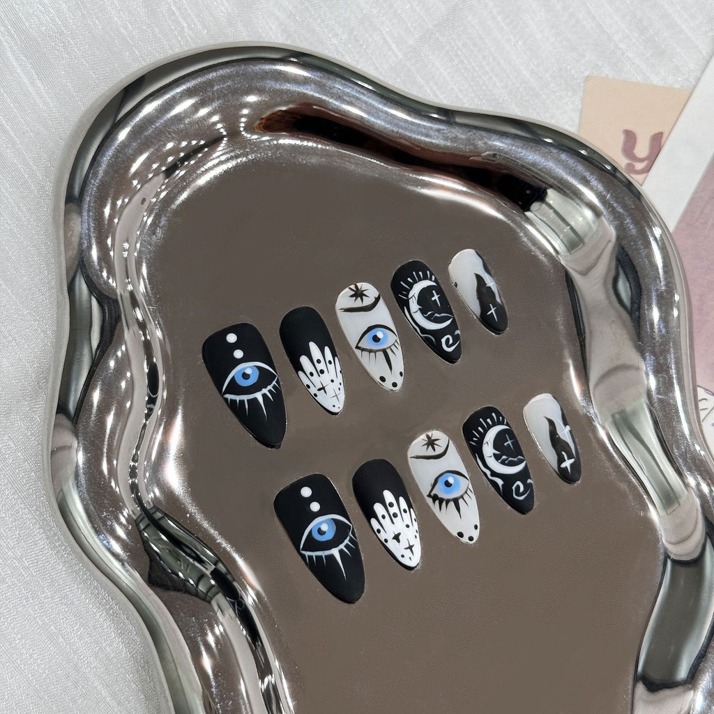 Full HANDMADE Medium Almond Shape Ins Style Star Moon Eye Phototherapy Fake Nail Press on Nail Có th