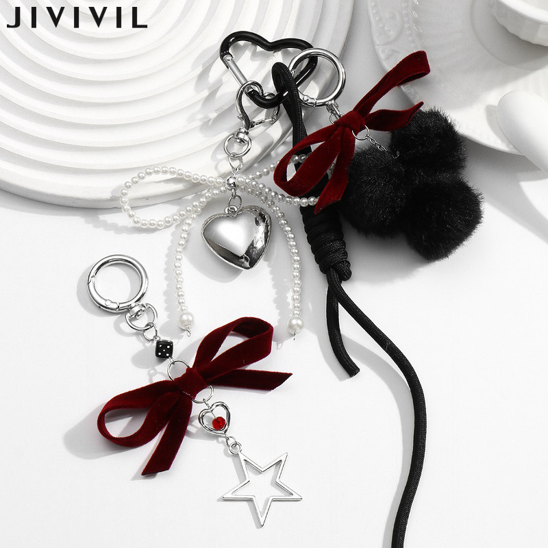 Jivil Phong Cách Hàn Quốc Ngọt Ngào Mát Tối Handmade Đính Hạt Ngọc Trai Giả Nhung Ban Nhạc Nơ Pompons Mặt Dây Chuyền Móc Khóa