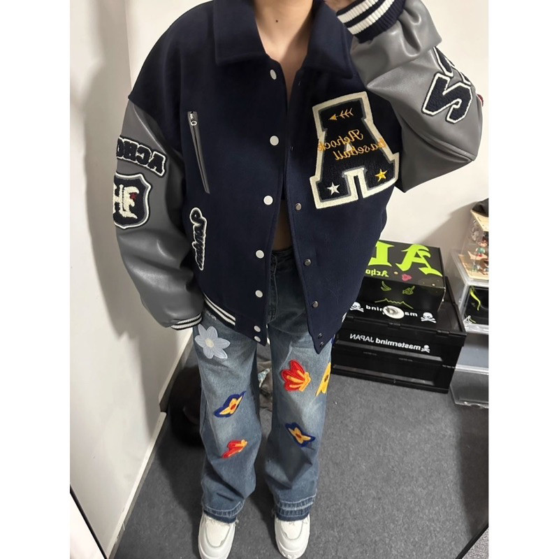 Áo khoác bóng chày AChock American Cleanfit cổ đứng thêu hợp thời trang áo khoác rộng nam nữ