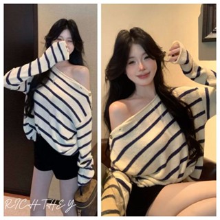 RICH-THEY Áo Len Dài Tay Sọc Nữ Áo Len Trễ Vai Thời Trang Mới Phong Cách Hàn Quốc