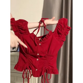 Áo cộc tay tay phồng Jiashucheng màu đỏ hở VAI NGỌT NGÀO cay cay Áo Phông Ngắn Tay Thiết kế cạp eo kiểu Pháp dáng ngắn mùa hè