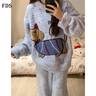 Bộ đồ ngủ mềm bông mèo FDS ktmao Bộ đồ mặc nhà giữ ấm hoạt hình học sinh dày dặn Lót Lông Mùa thu đông cho nữ