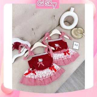 M5, Set bộ bé gái, Set áo 2 dây buộc nơ Kitty kèm chân váy nơ đỏ caro cho bé gái