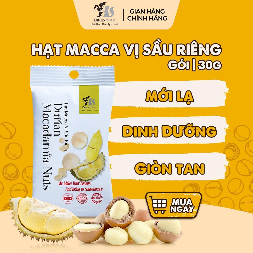 [Hỏa tốc] Hạt Macca Vị Cappuccino, Mật Ong, Sầu Riêng, Vinilla, Dừa Dinh Dưỡng Deluxnuts Ăn Vặt (Gói 30g)