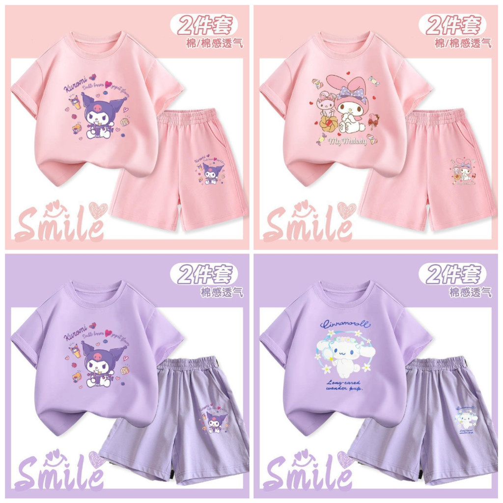 Bộ áo thun và quần Short ngắn tay cho bé gái 3-14 tuổi Baju Budak Perempuan Quần áo bé gái hoạt hình dễ thương mùa hè