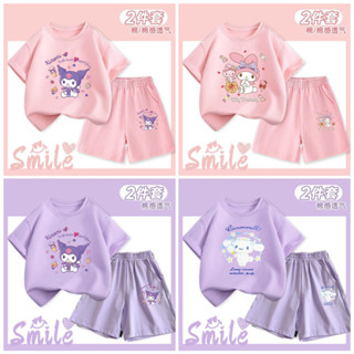 Bộ áo thun và quần Short ngắn tay cho bé gái 3-14 tuổi Baju Budak Perempuan Quần áo bé gái hoạt hình dễ thương mùa hè