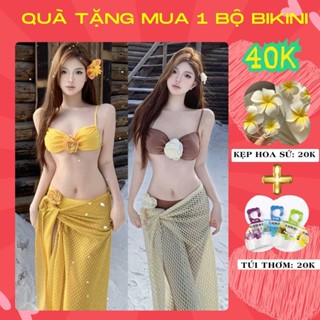 [TẶNG TÚI THƠM] Bộ đồ bơi set bikini 2 mảnh áo đính hoa có mút hở lưng kèm quần tam giác và khăn quấn SET 3 VÀNG NÂU B2