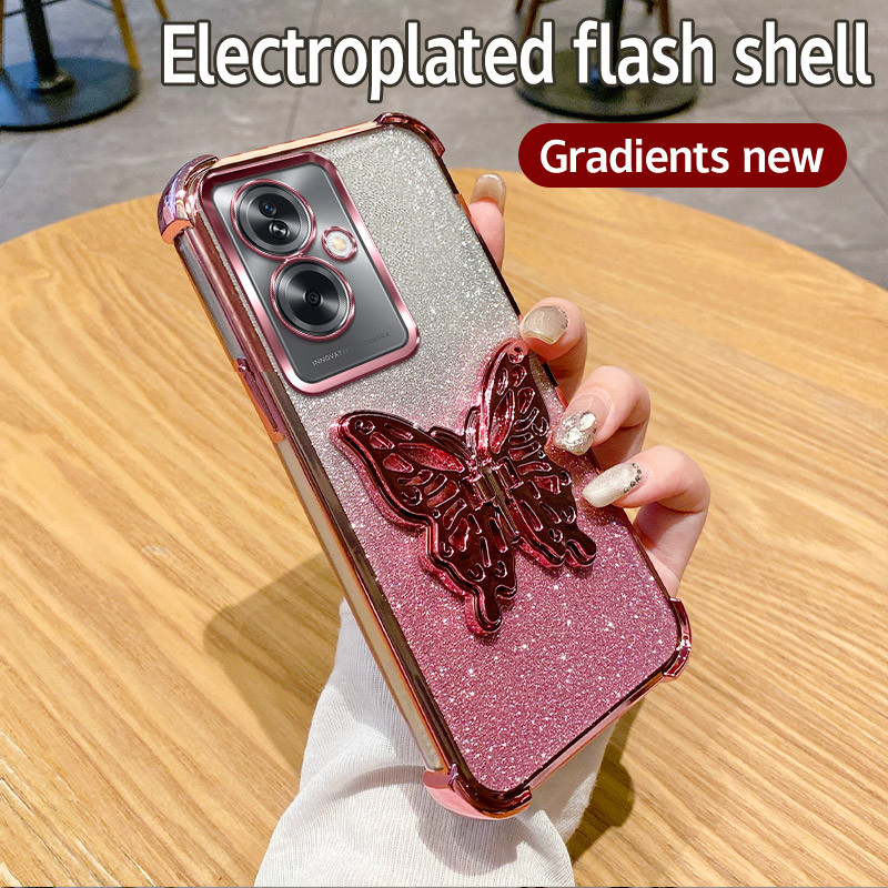 Sang Trọng Lấp Lánh Góc Ốp Lưng Bướm Giá Đỡ Ốp lưng Silicon Cho Oppo A2 5G A79 A2 pro Ốp Lưng Màu Hồ