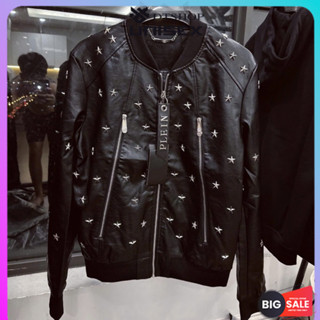 (Hàng Đẹp) Áo Khoác Da Đính Ngôi Sao Sắt Kín Thân ❤ Áo Bomber Da Dày Dặn Dáng Rộng Nam Nữ Unisex