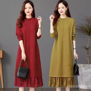   Yi Chengcheng  Giao hàng nhanh cho mùa thu và mùa đông váy ren dài khâu phong cách phương Tây cộng với kích thước nữ áo len dệt kim cho mẹ trung niên thời trang áo sơ mi đáy rộng 055V 