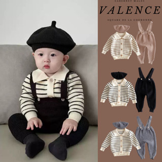 Mùa Thu Đông Phong Cách Mới Cho Bé Hai Mảnh Bộ Áo Cardigan Sọc + Dây Đeo Chữ Thập Quần Bé Waffle Phù Hợp Với