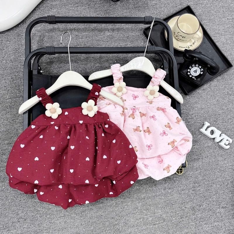 ( BỘ HOA)  Bộ áo 2 dây, quần đùi phồng dáng xòe mềm mát họa tiết in kin cho bé gái size 6-16kg Cotton