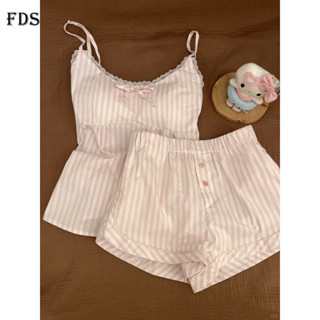 Bộ đồ ngủ hai mảnh cho phụ nữ, áo camisole ren có đệm ngực, quần short, đồ ngủ mùa hè mới, sọc hồng