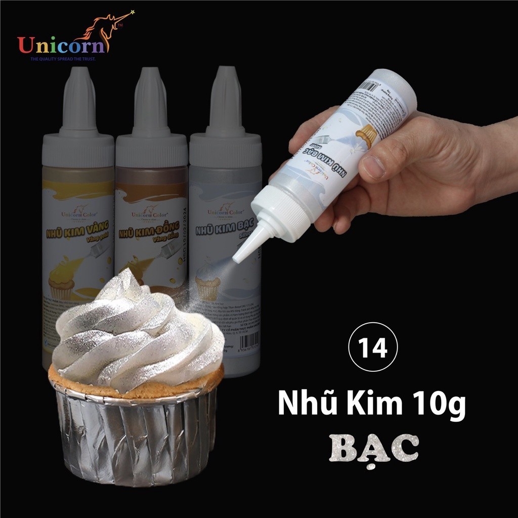Màu phun nhũ kim thực phẩm Unicorn Color, màu phun nhũ kim Unicorn 10g, bột nhũ kim trang trí bánh s