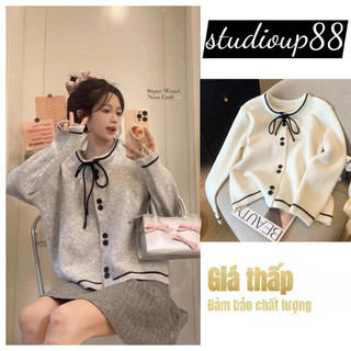  Áo len dệt kim cardigan khoác ngoài dài tay cổ tròn buộc nơ khuy nhỏ len tiểu thư mềm mịn thời trang 