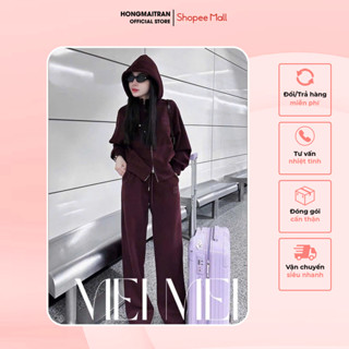 Set đồ nữ thu đông áo khoác nỉ có khóa kéo phối quần dài ống rộng thêu chữ Miu Miu màu đỏ đô Hong Mai Tran Store ST16208