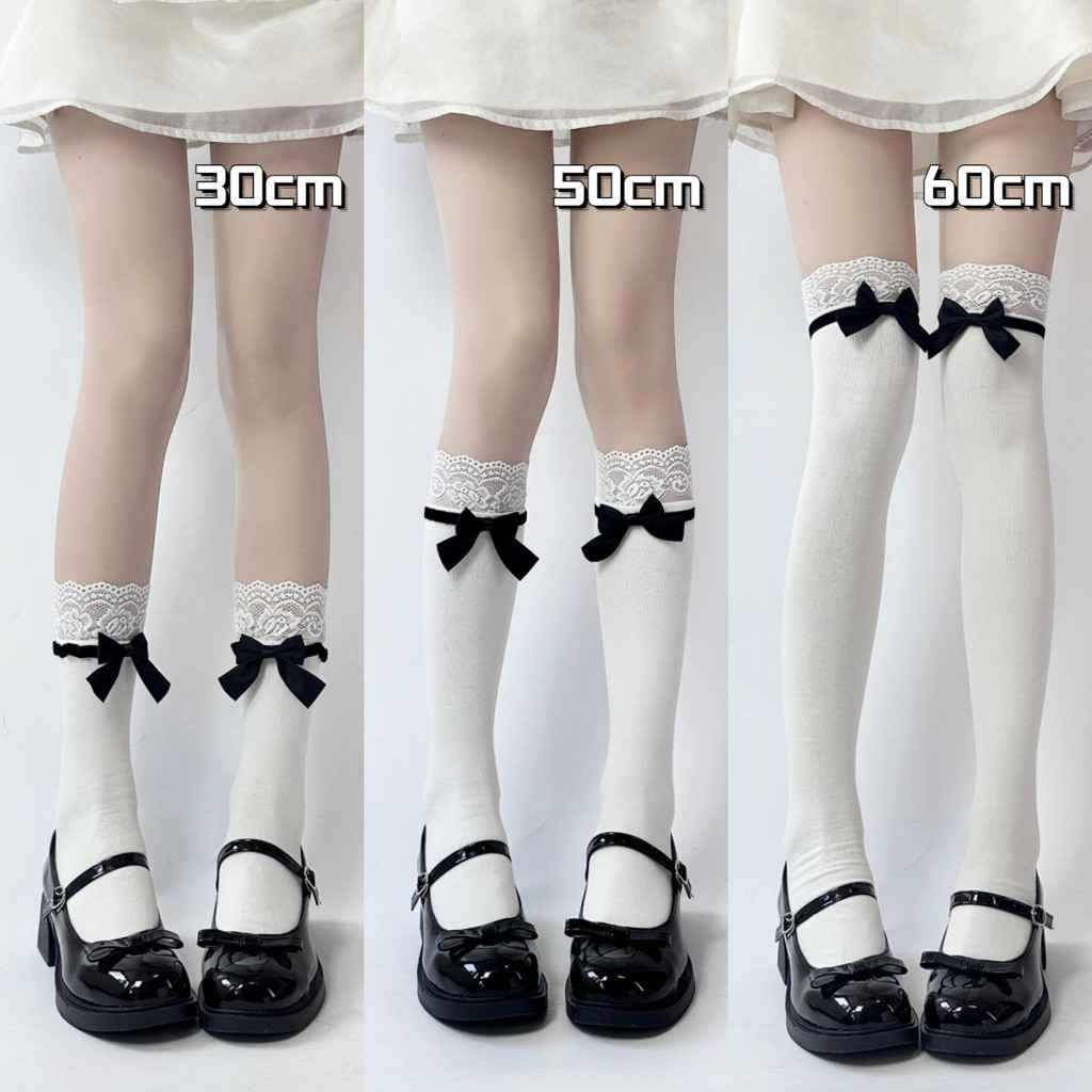 Phong cách Nhật Bản & tất nơ, tất cotton có viền ren ngọt ngào, tất giữa bắp chân Lolita, tất ren dà