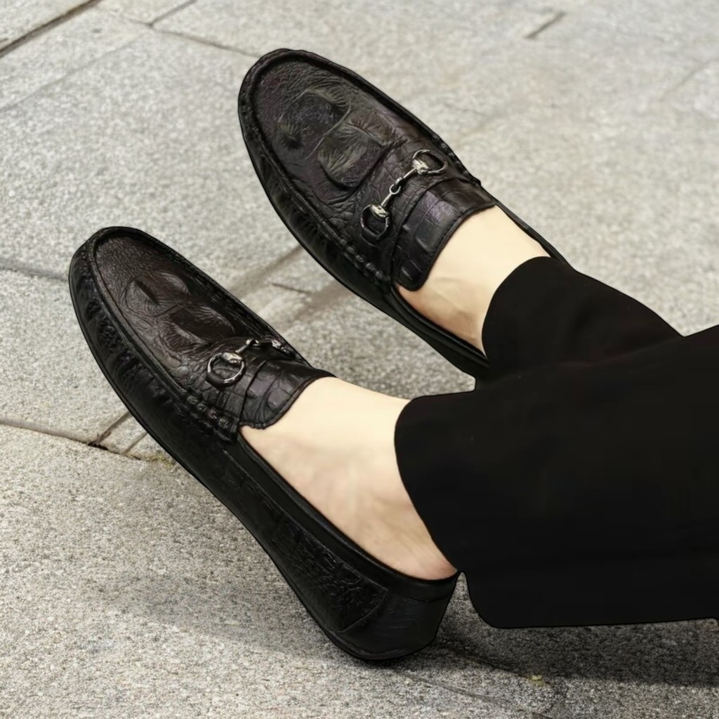 Giày mọi nam mocasin cao cấp, giầy lười nam boy phố da mềm in họa tiết cá sấu đế bằng mềm được khâu chắc chắn MENZA G31