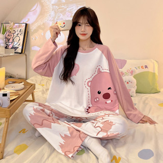 Bộ Đồ Ngủ Loopy Nữ Cotton Dài Tay Hoạt Hình Đồ Ngủ Cho Người Phụ Nữ Pyjama Terno Baju Tidur Perempuan