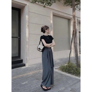  Quần ống rộng suông nữ cạp cao thắt nơ ly lệch chất liệu vải gold hàn loại 1 chiều dài 102cm 