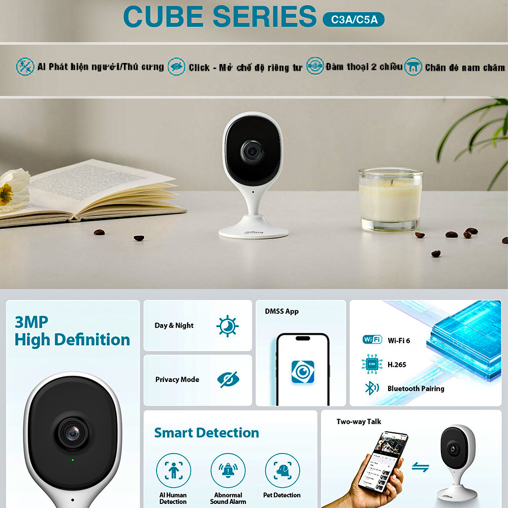 [3M-5M] Camera WiFi Dahua CUBE A1 C3A | C5A Camera Cố Định Góc Rộng Trong Nhà, Chân Đế Nam Châm, Tíc