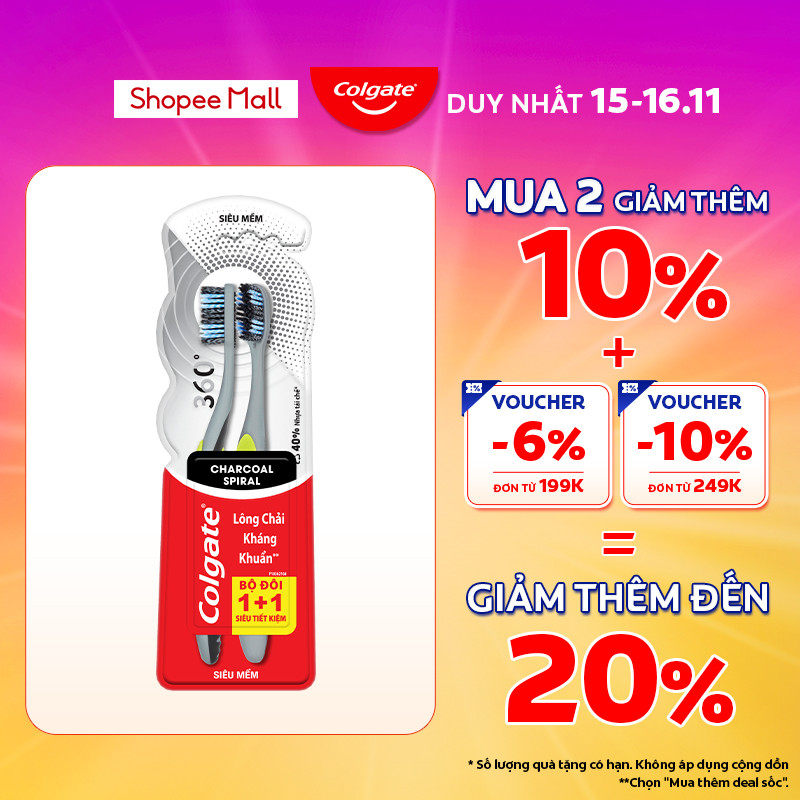 Bộ 2 Bàn Chải Colgate 360 Độ Than Hoạt Tính & Lông Chải Xoắn Kép Làm Sạch Mảng Bám Hiệu Quả