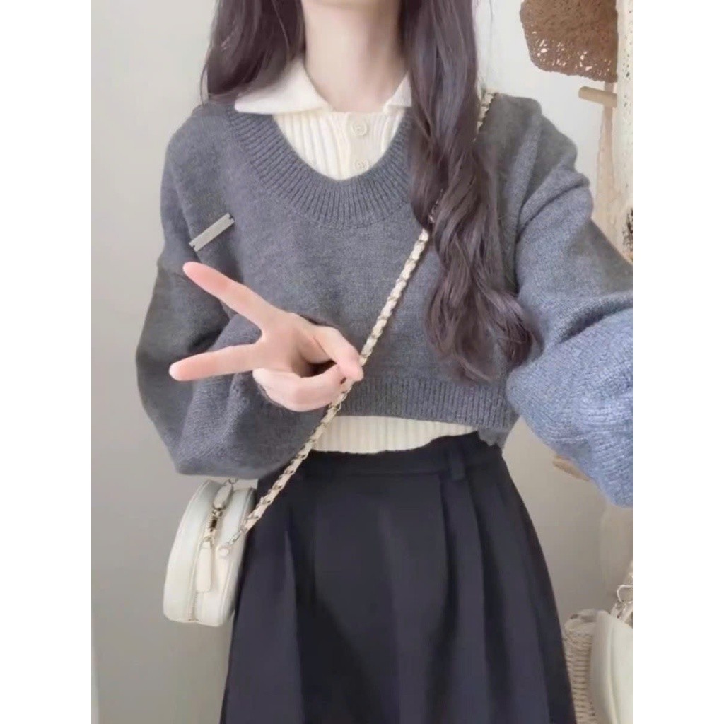 Áo len thu đông set 2 món thiết kế cổ sơ mi phối tay bồng hottrend HMH SP242 | BigBuy360 - bigbuy360.vn