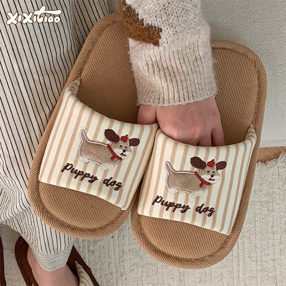 Xixitiao Nam Nữ Vải Lanh Cotton Dép Bốn Mùa Chó Con Dễ Thương Thường Ngày Nhà Dép Thời Trang