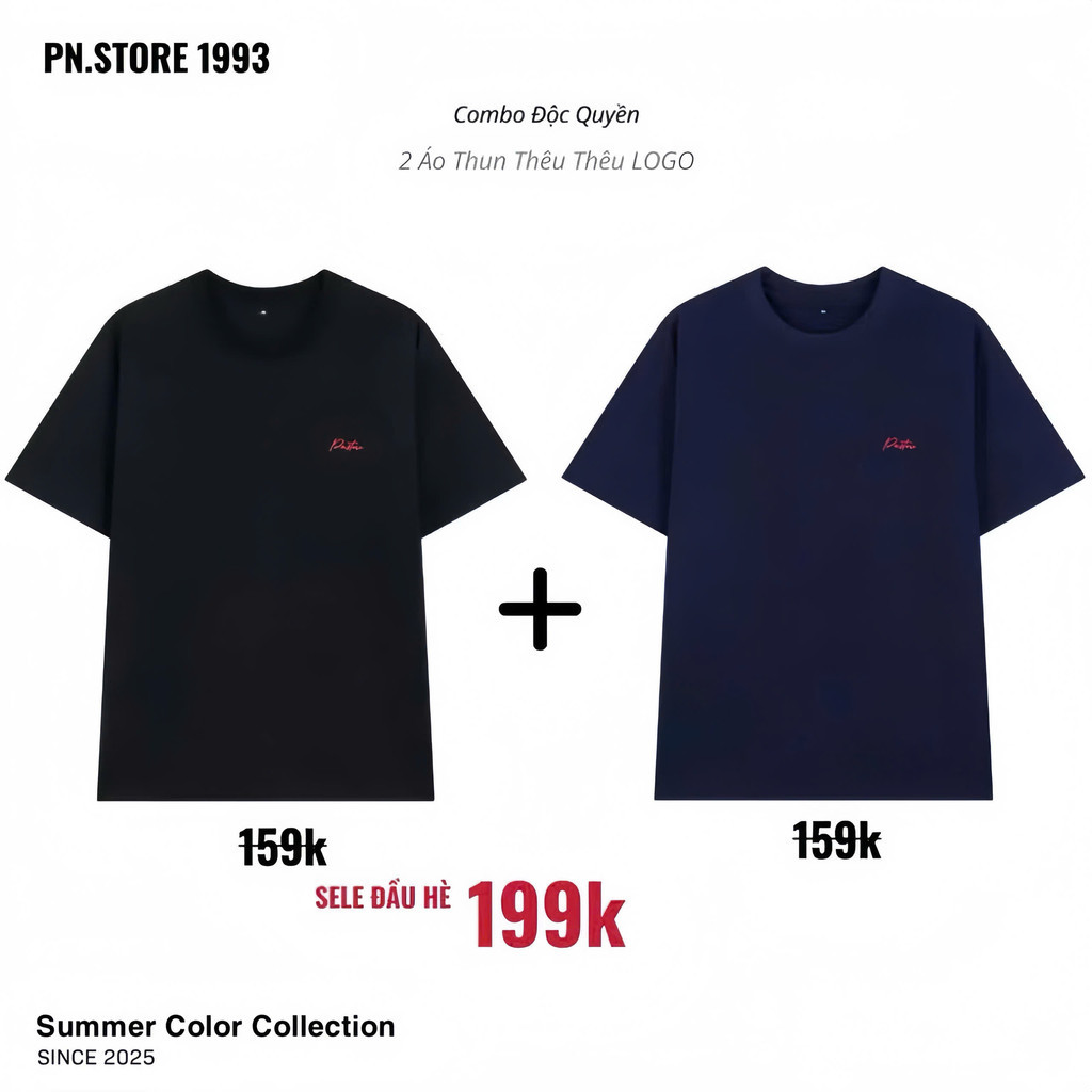 Combo 2 Áo Thun Cotton Trơn Thêu Chữ PN.Store1993 Premium Cổ Tròn Nam Nữ Đủ Màu 40 - 85KG | BigBuy360 - bigbuy360.vn