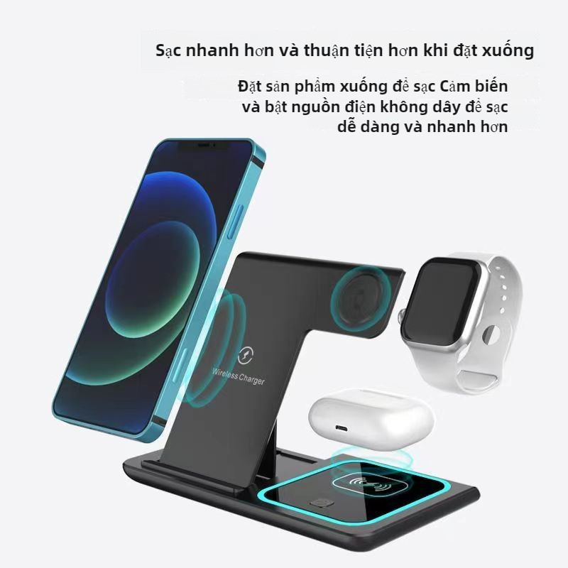 Bộ sạc không dây gấp 3 trong 1 Điện thoại di động Giá đỡ máy tính để bàn Tai nghe Điện thoại di động Sạc nhanh