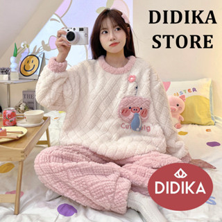 DIDIKA Bộ đồ ngủ nữ mùa thu đông Bộ đồ ngủ ấm áp hoạt hình dễ thương