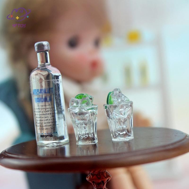 HFTOY 3 Nhà Búp Bê Mini Nhựa Vodka Chai Rượu Bộ Thủy Tinh Mô Phỏng Đồ Chơi Mô Hình Đồ Chơi ~