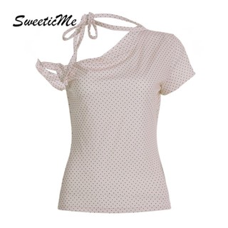 SweeticMe Áo Nữ 2025 Thời Trang Mới Ngọt Ngào Chấm Bi Phối Ren Tay Ngắn Sinh Viên Áo Thun Không Đều