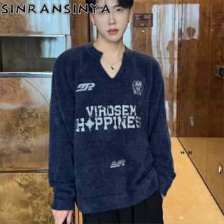  Sinransinya Áo len nam mới với phong cách cổ điển Mỹ sang trọng đường phố thêu huy hiệu chữ mềm thiết kế cổ chữ V phong cách cặp đôi tuổi teen áo dài tay thời trang 