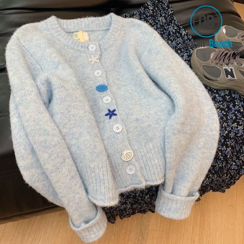 Áo len dệt kim mềm mại và cao cấp phong cách nhẹ nhàng màu xanh nhạt Áo len phong cách lười biếng mùa xuân thu