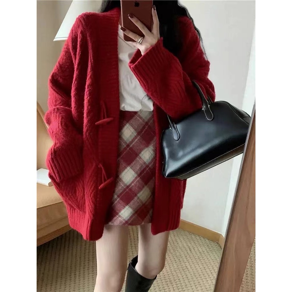 Áo cardigan Áo len giáng sinh tết đỏ màu Đỏ Mùa thu mới dệt kim mùa thu và mùa đông | BigBuy360 - bigbuy360.vn