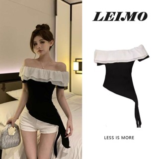 Áo thun cộc tay màu hồng không quy tắc viền bèo áo bó sát Trễ Vai mùa hè cho nữ